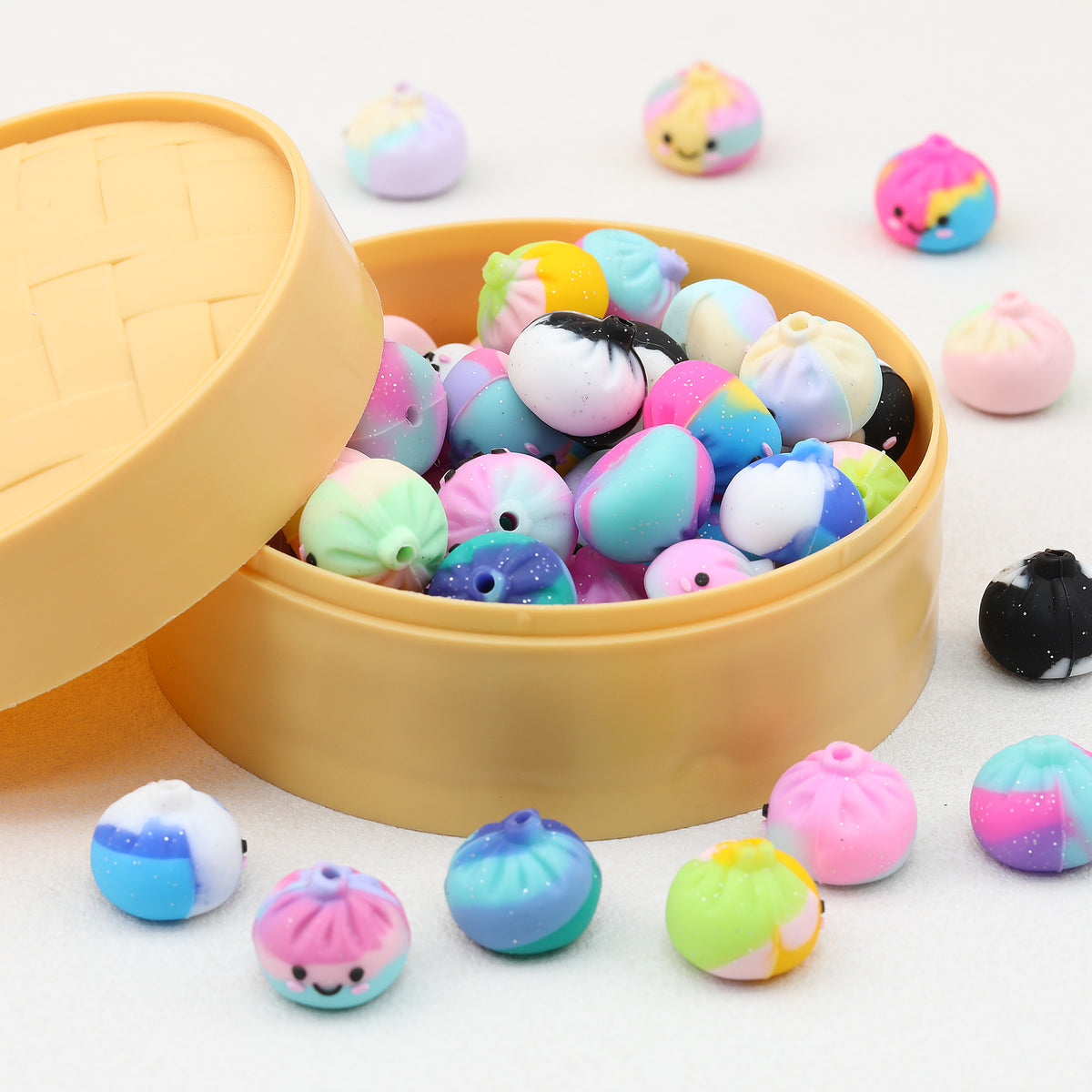 Colorful 3D Glittered Silicone Steamed Stuffed Bun Focal Beads 20pcs 3