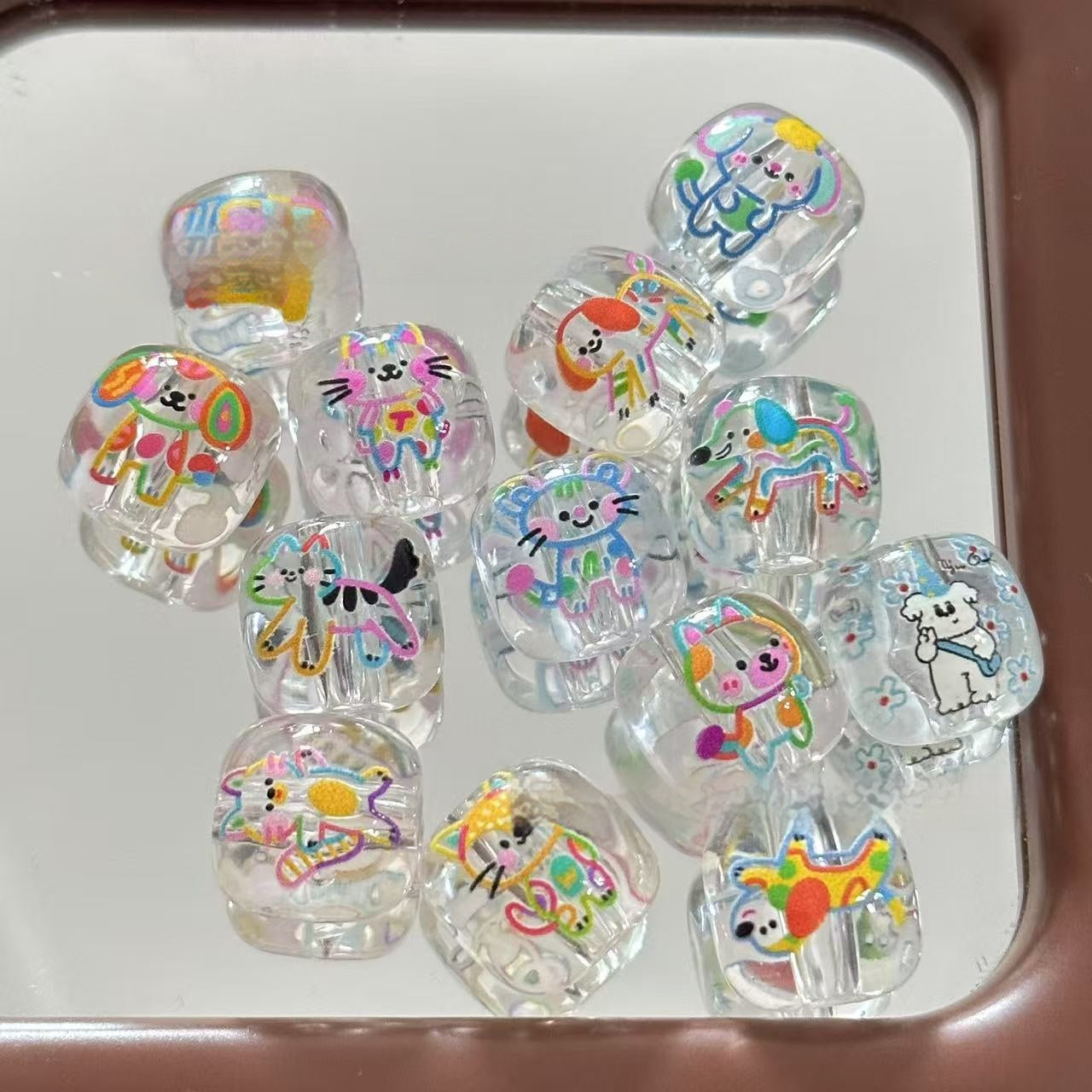 Clear Square Acrylic Beads 16mm Puppy and Kitten Pattern 10pcs