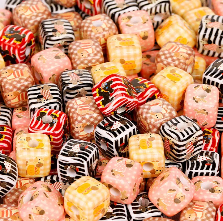 Square Acrylic Beads 14mm Striped Cartoon Puppy Pattern 10pcs 2