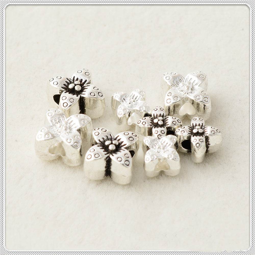 Four-Petal Flower Metal Beads 6mm 8mm Polka Dotted Antique Silver Tone 100pcs