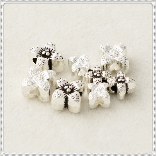 Four-Petal Flower Metal Beads 6mm 8mm Polka Dotted Antique Silver Tone 100pcs