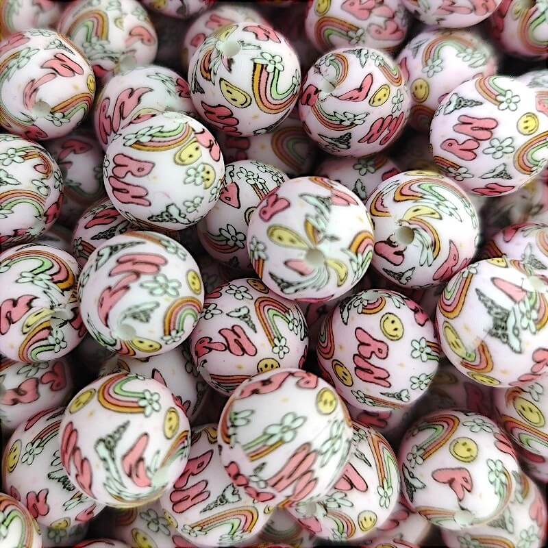 15mm Silicone Beads Pink Smiling Rainbow Print 50pcs