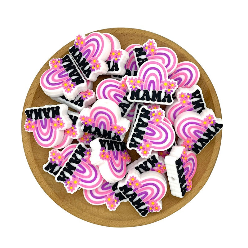 Silicone Focal Beads Rainbow Flower Mama Text Design 20pcs 2