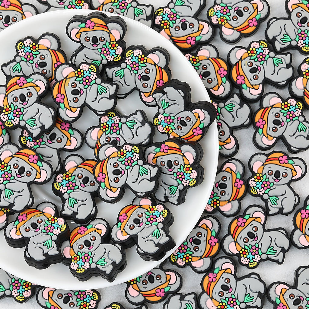 Koala with Flower Bouquet Silicone Focal Beads 20 pcs