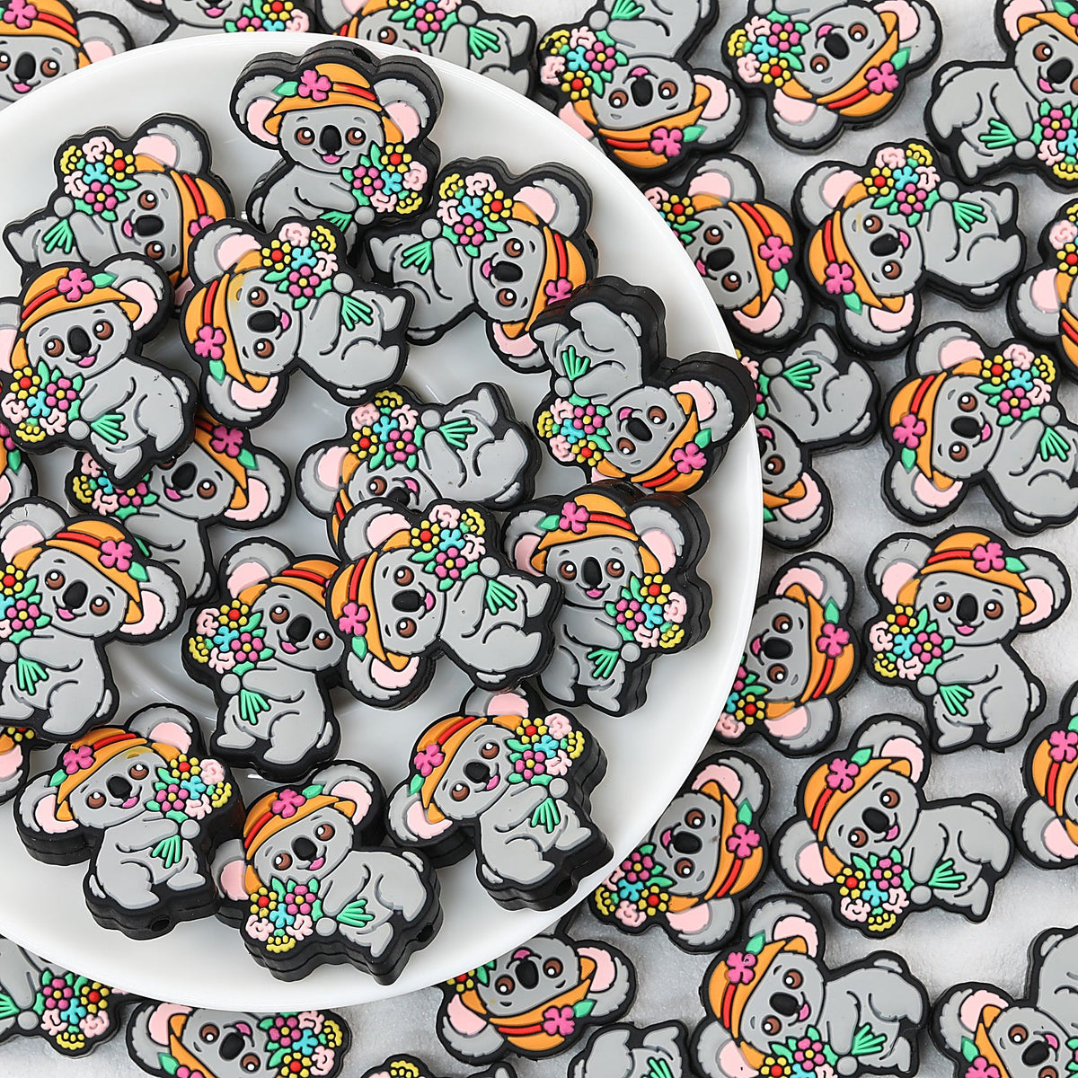 Koala with Flower Bouquet Silicone Focal Beads 20 pcs