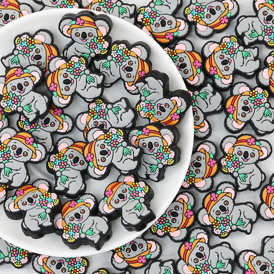 Koala with Flower Bouquet Silicone Focal Beads 20 pcs
