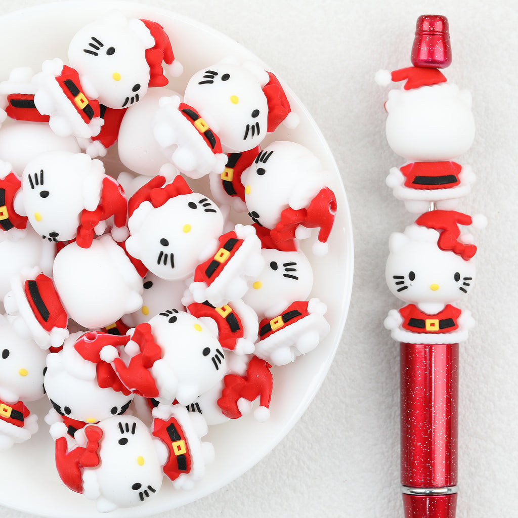 3D Christmas Kitty Silicone Focal Beads Wholesale, Santa Suit Red White Design