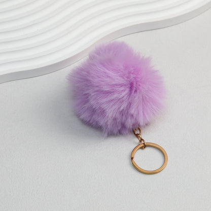 Pom Pom Keychain Plush Violet Faux Fur Ball Gold Ring 8cm