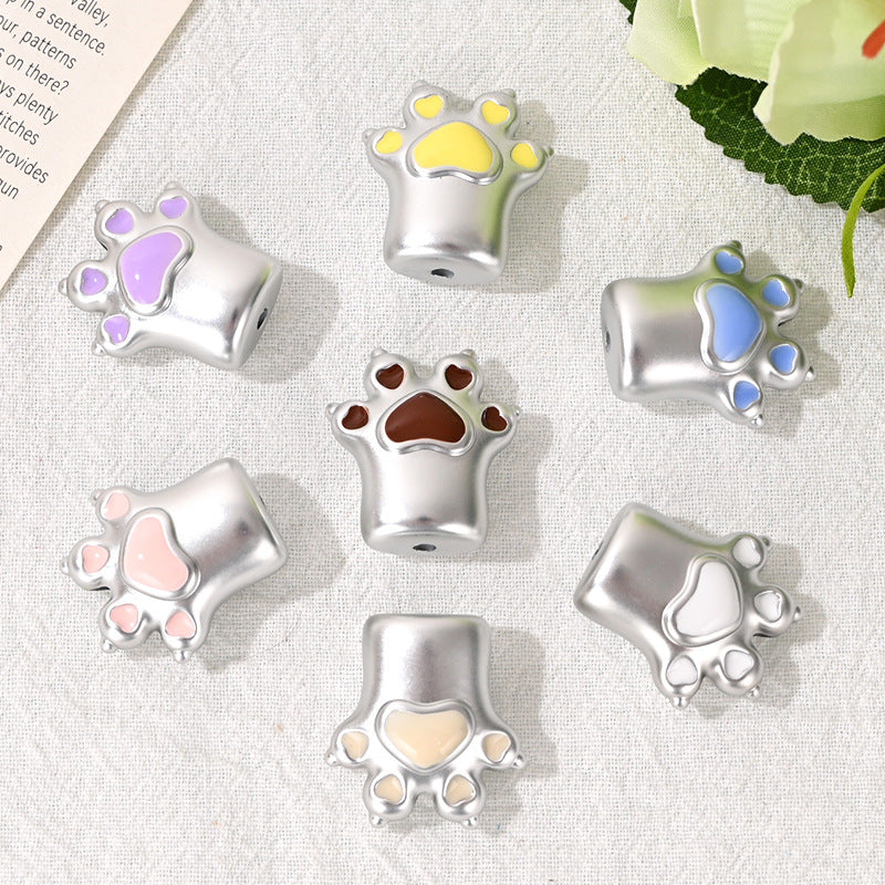 Cute Enamel Cat Paw Acrylic Beads Silver Tone 26mm 10pcs 3