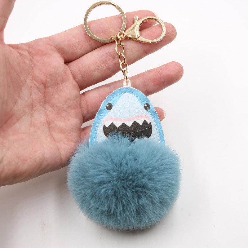Plush Shark Keychain Blue Leather Face Fluffy Pom Pom Belly 2