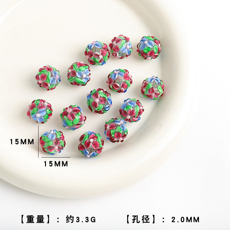 Colorful Flower Pattern Round Glass Beads 15mm 10pcs 11