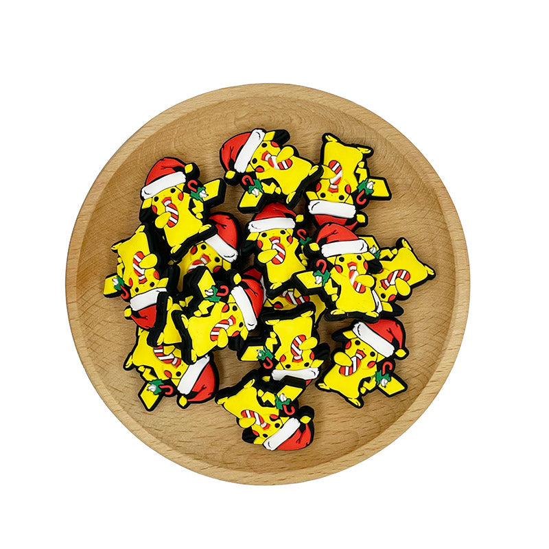 Silicone Focal Beads Christmas Pikachu Wearing Santa Hat Holding Candy Cane 20pcs 2