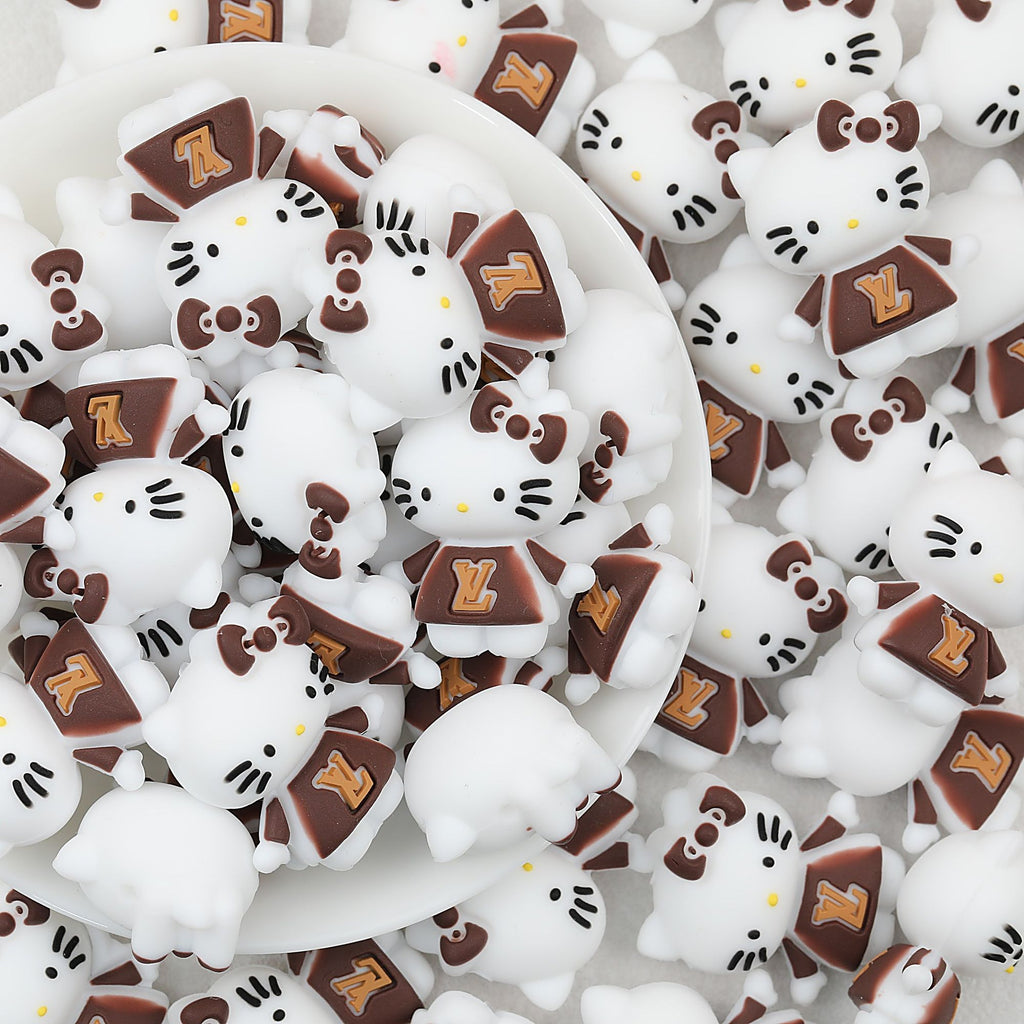 3D Brown Cat Face Silicone Focal Beads with LV Design 20pcs