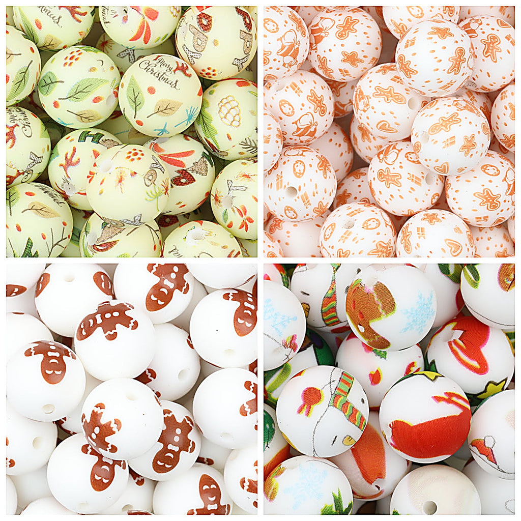 Christmas Theme 15mm Printed Silicone Round Beads 50pcs