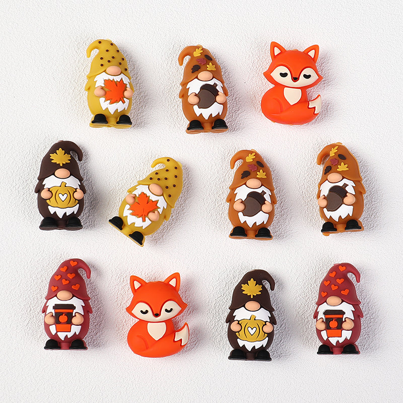 3D Autumn Gnome and Fox Silicone Focal Beads Fall Theme 20pcs