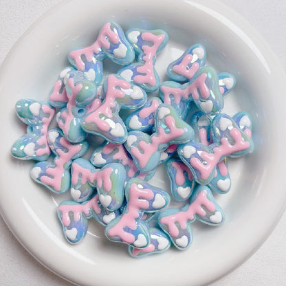 Hand-Painted Bow Heart Acrylic Beads 21×29mm Glossy Pastel 5pcs 10