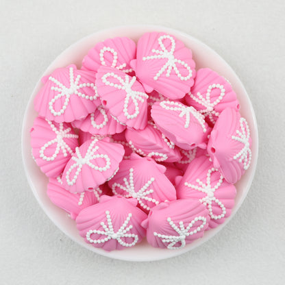 3D Pink Shell Pattern Silicone Focal Beads with White Dot Bow 20pcs