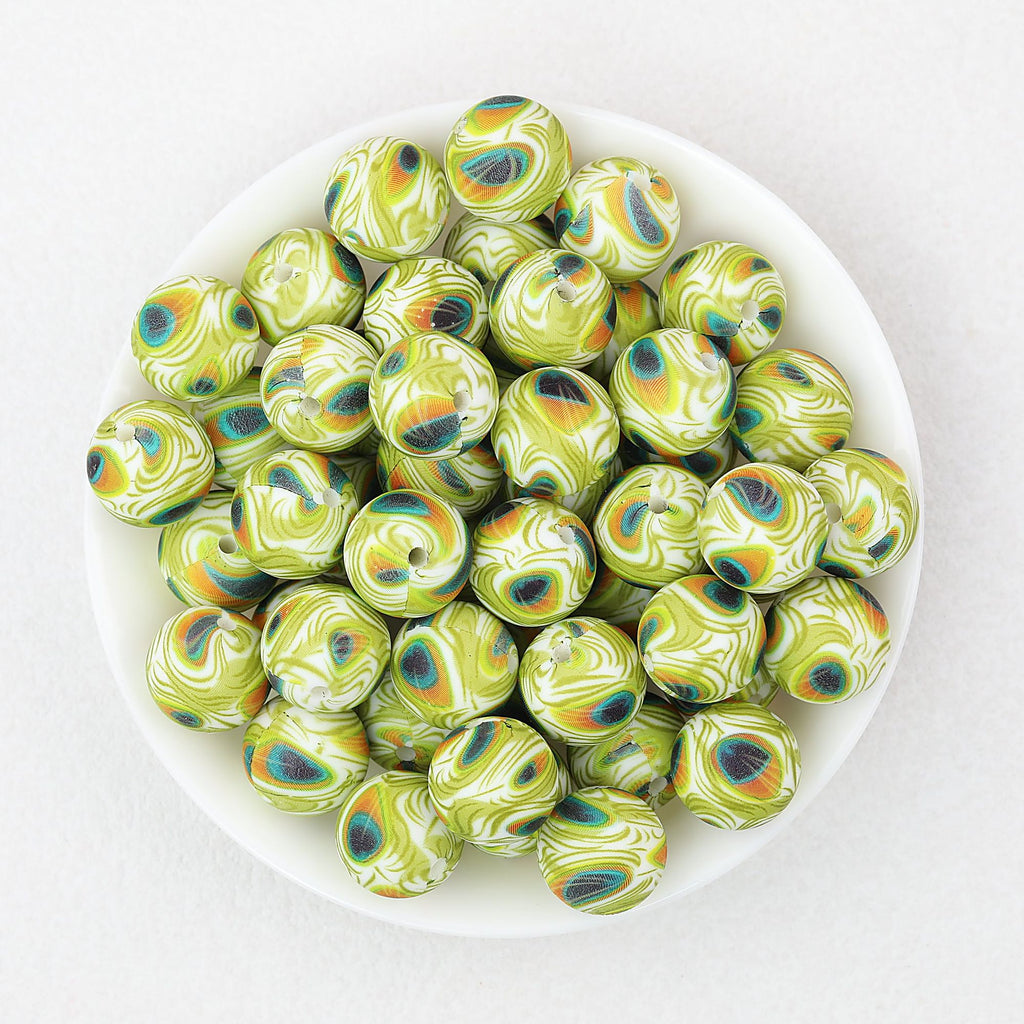 15mm Color Printed Round Silicone Beads 50pcs - Peacock Fan