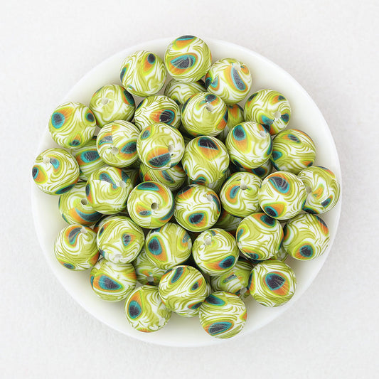 15mm Color Printed Round Silicone Beads 50pcs - Peacock Fan