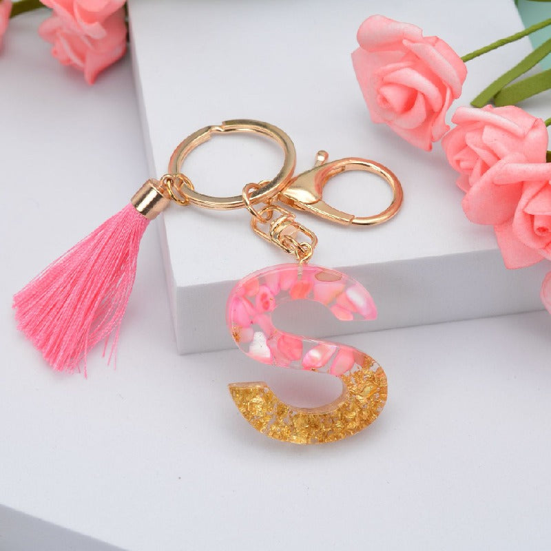Resin Floral Pink Tassel Monogram Keychain Alphabet Letter A 19