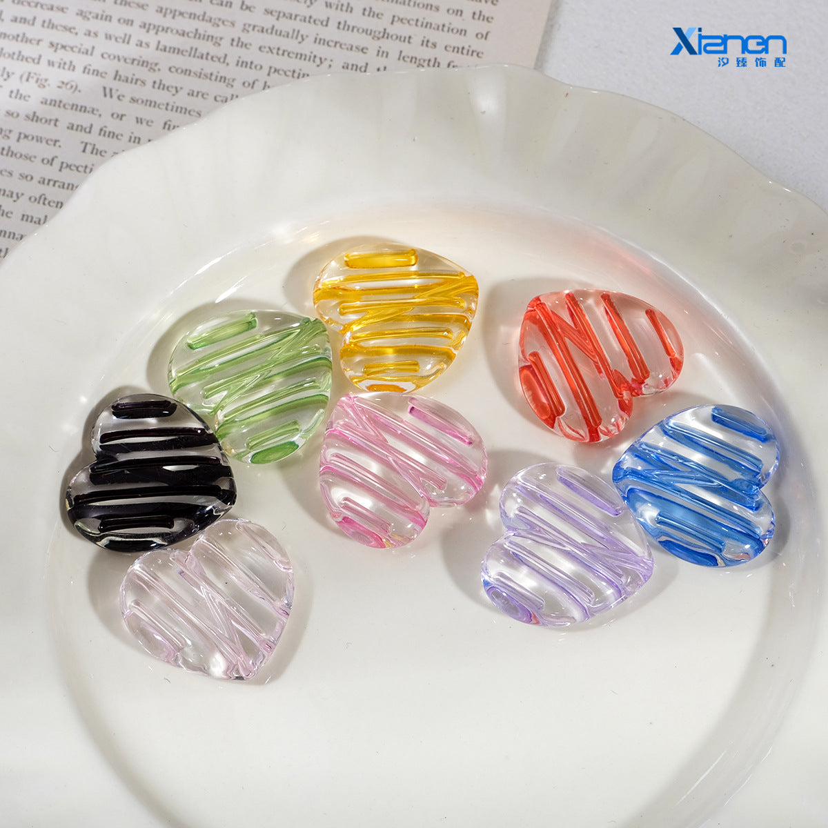 22mm Heart Shaped Transparent Color Stripe Acrylic Beads 50pcs 14