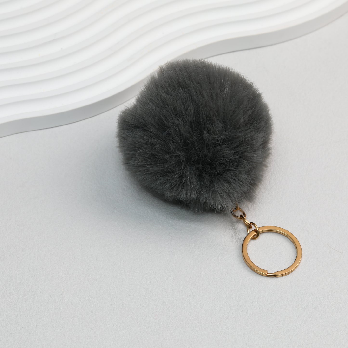 Pom Pom Keychain Plush Violet Faux Fur Ball Gold Ring 8cm