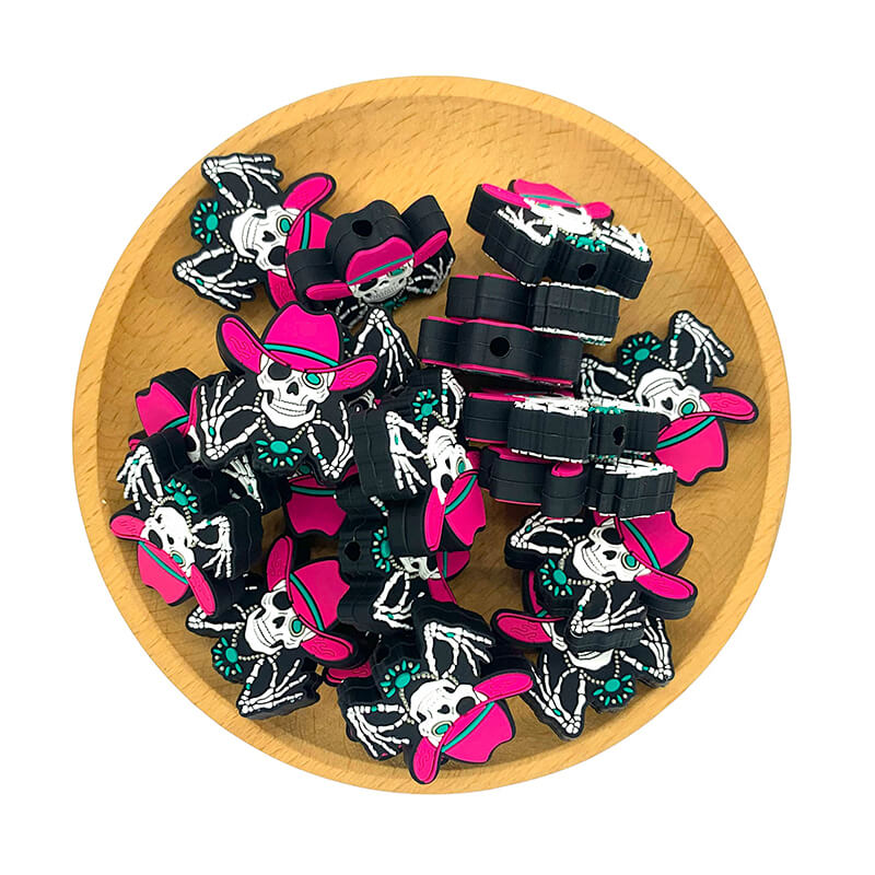 Silicone Focal Beads Western Skeleton Skull Magenta Cowboy Hat 2