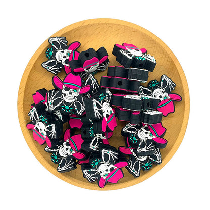 Silicone Focal Beads Western Skeleton Skull Magenta Cowboy Hat 2