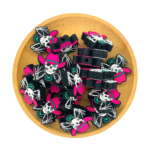 Silicone Focal Beads Western Skeleton Skull Magenta Cowboy Hat 2