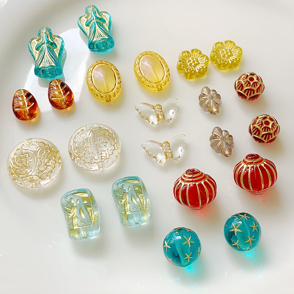Vintage Flower Oval Acrylic Beads Transparent Gold Accents 1pc