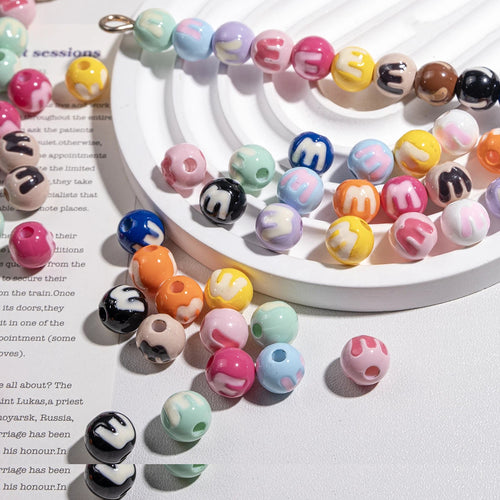 10mm Acrylic Round Beads Painted Letter M Design 50pcs