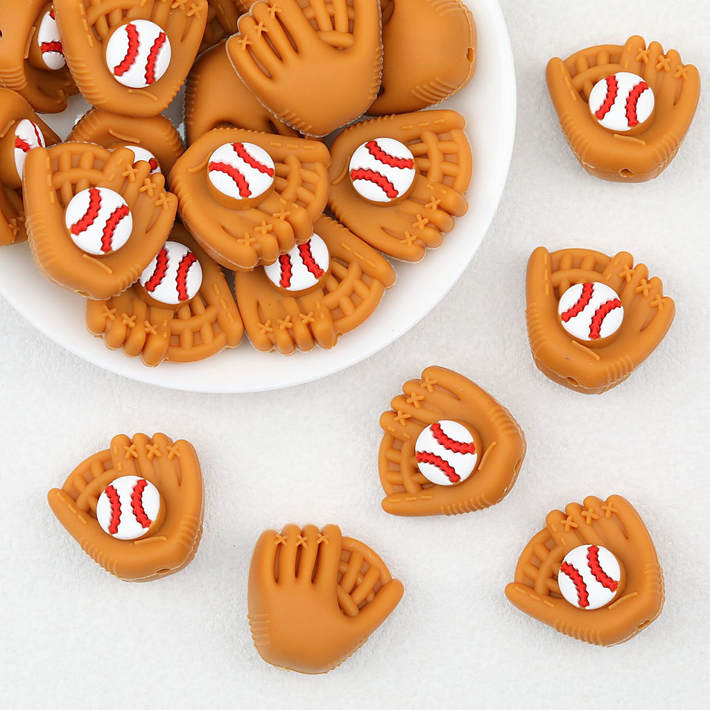 3D Brown Baseball Glove Silicone Focal Beads with Baseball 20pcs
