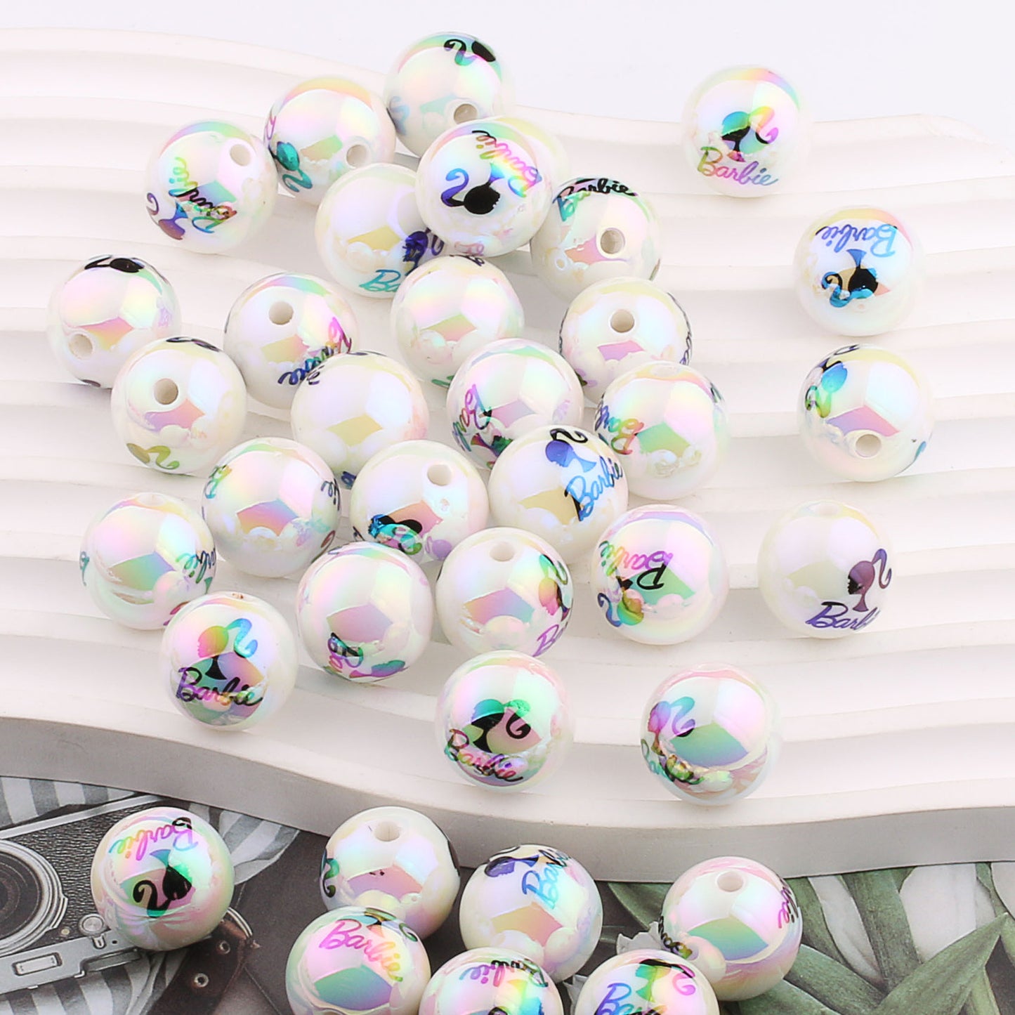 Plating Round Acrylic Beads 16mm UV Barbie Letter Printed 20pcs 10