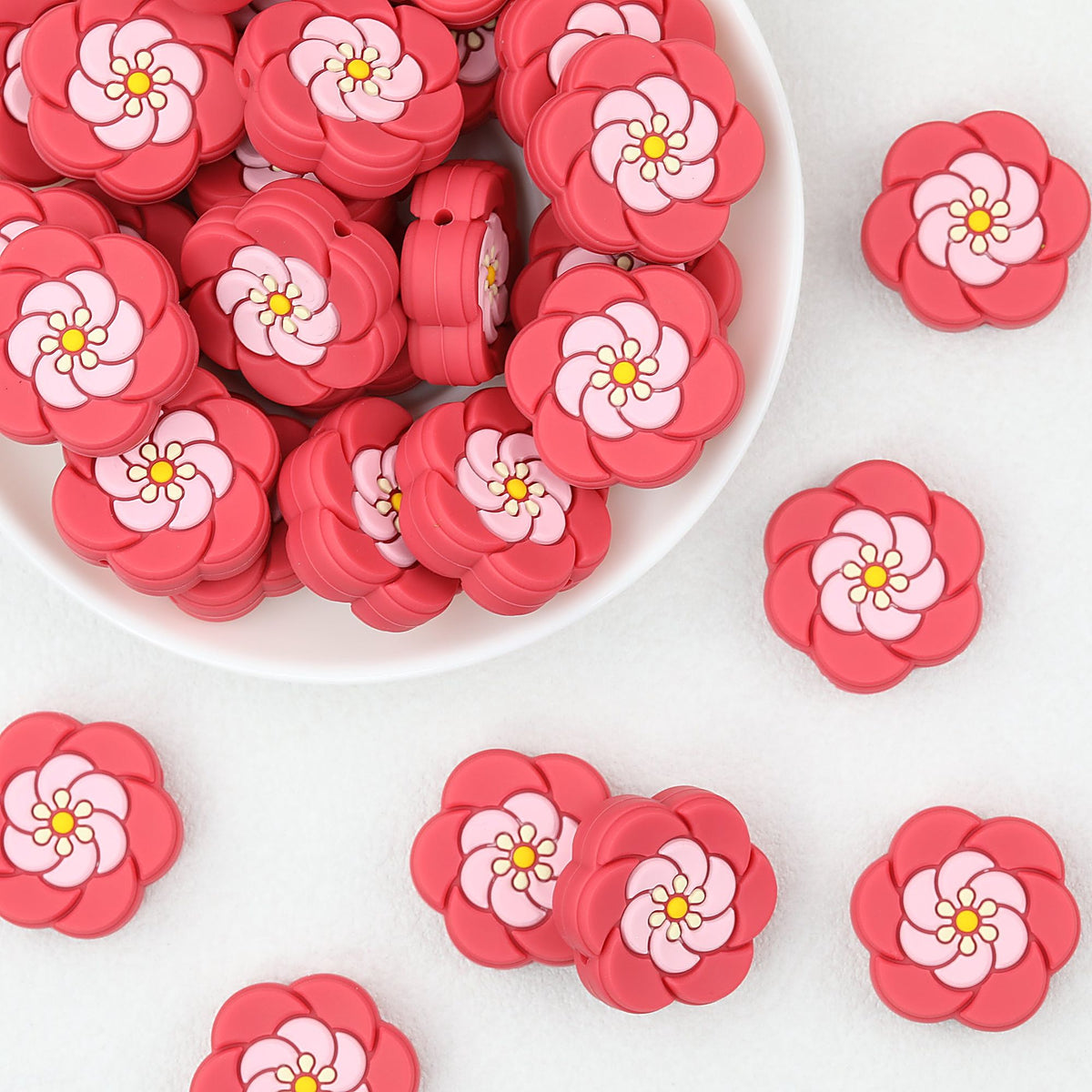 Floral Red Silicone Focal Beads with Pink Center 20 pcs