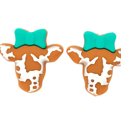 Silicone 3D Focal Beads Highland Cow Pink Bow Black and White 2