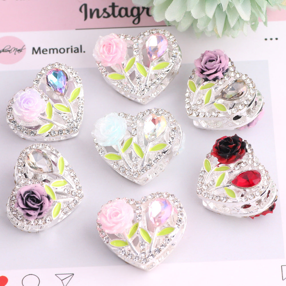 Fancy Heart Shaped Rose Rhinestone Alloy Beads 20mm 3pcs 3