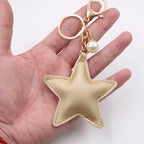 Leather Star Keychain with Faux Pearl Charm Gold and Silver 4