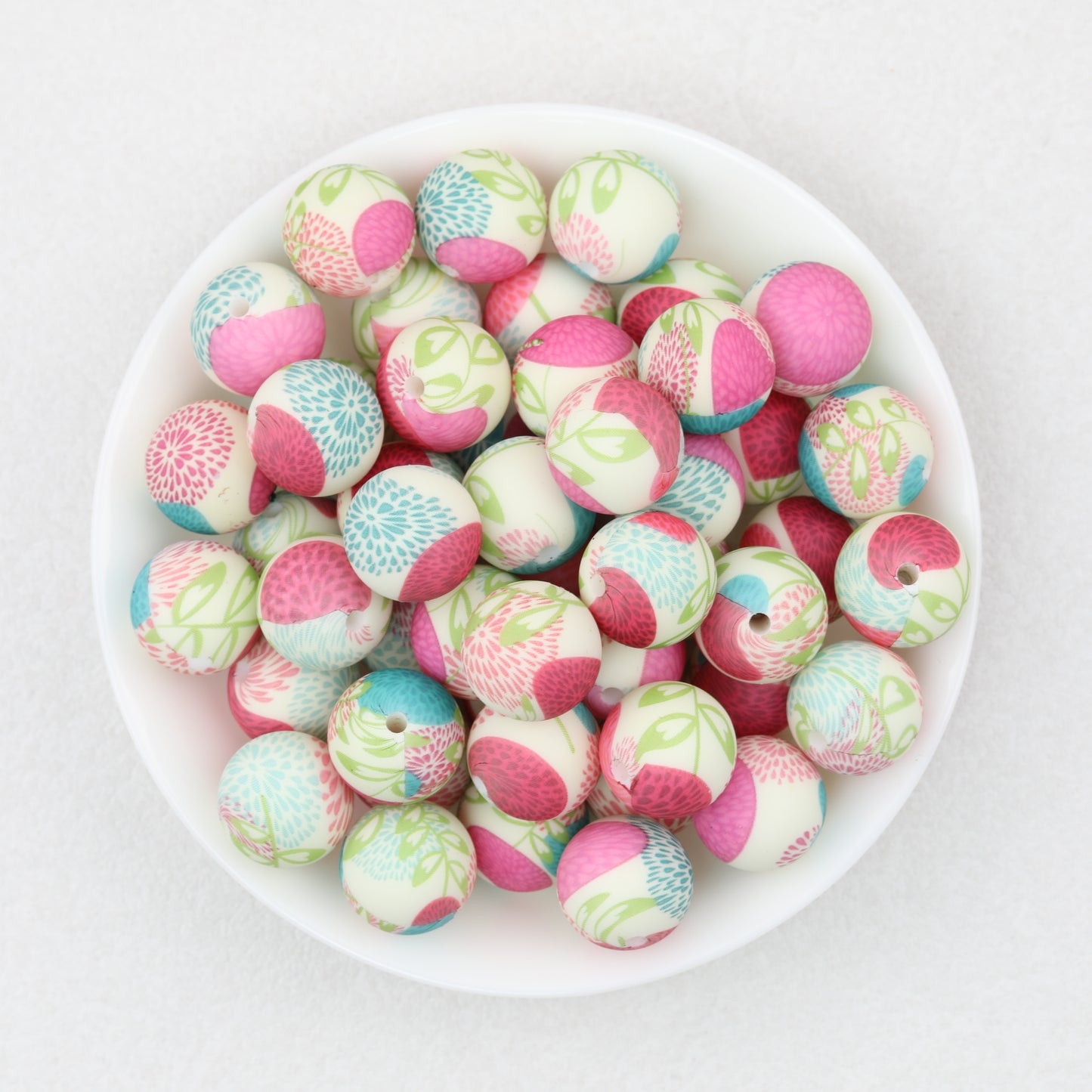 15mm Floral Pattern Silicone Beads Pastel Print 50pcs 8