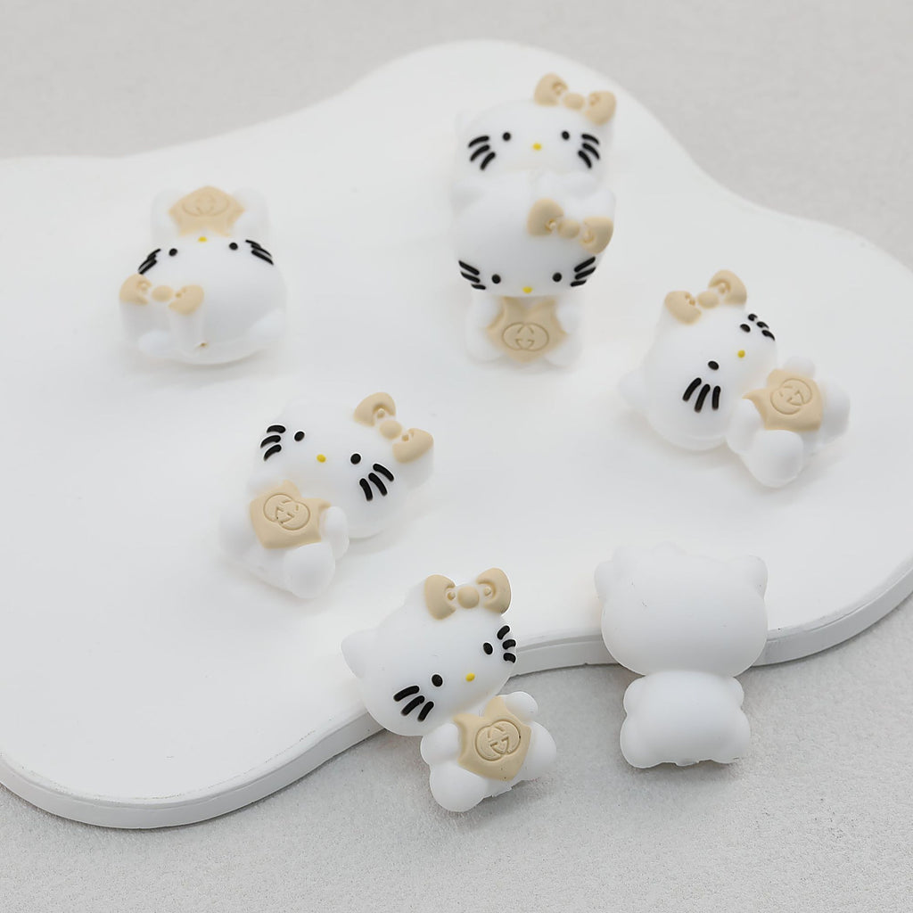3D Cute Beige Bow White Cat Silicone Focal Beads 20pcs
