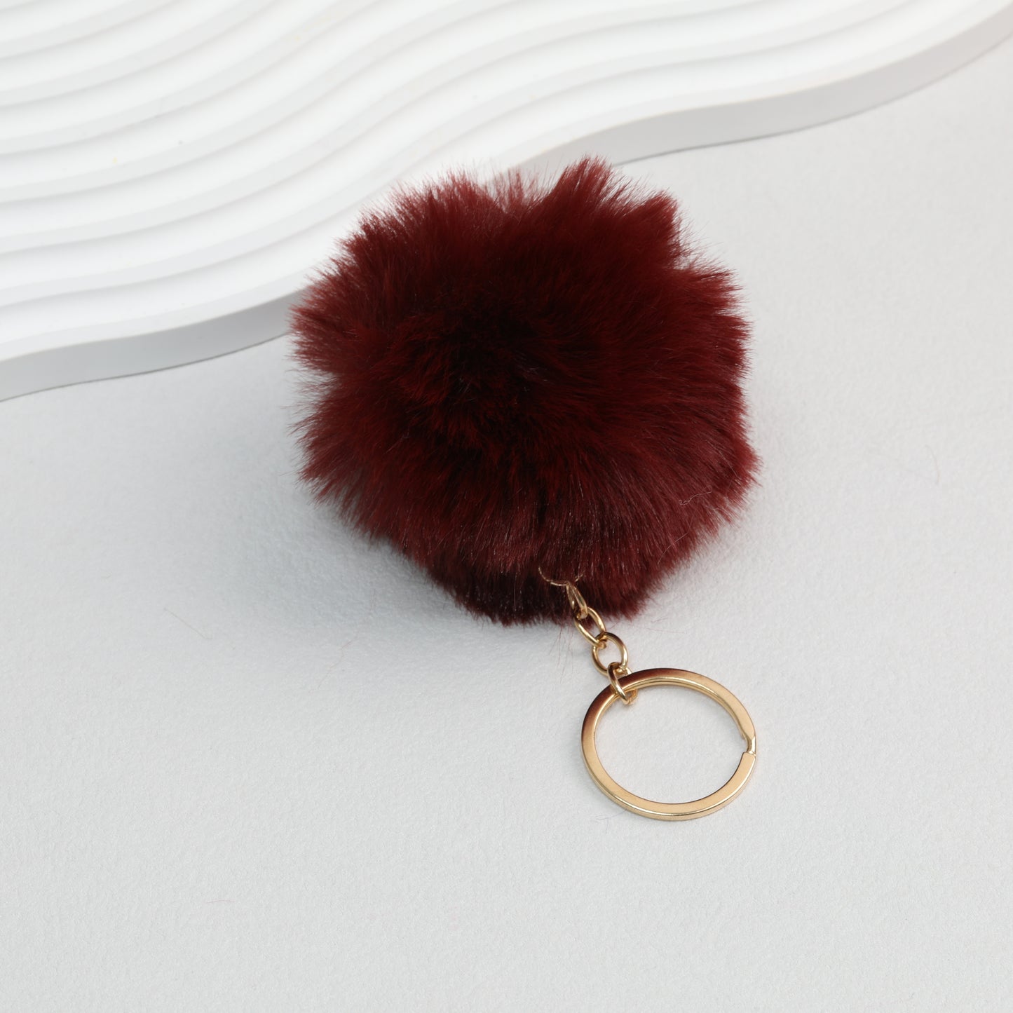 Pom Pom Keychain Plush Violet Faux Fur Ball Gold Ring 8cm