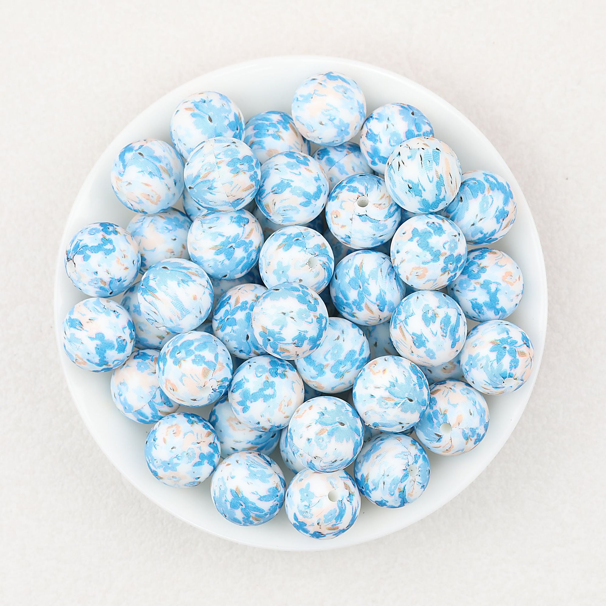15mm Floral Pattern Silicone Beads Pastel Print 50pcs - Blue Eye