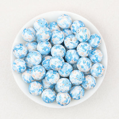 15mm Floral Pattern Silicone Beads Pastel Print 50pcs - Blue Eye
