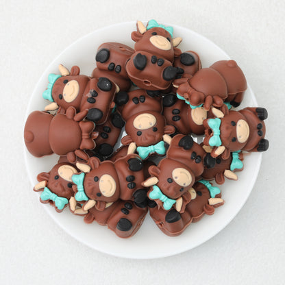3D Cow Shape Silicone Focal Beads with Bow Pink and Blue 20pcs 3