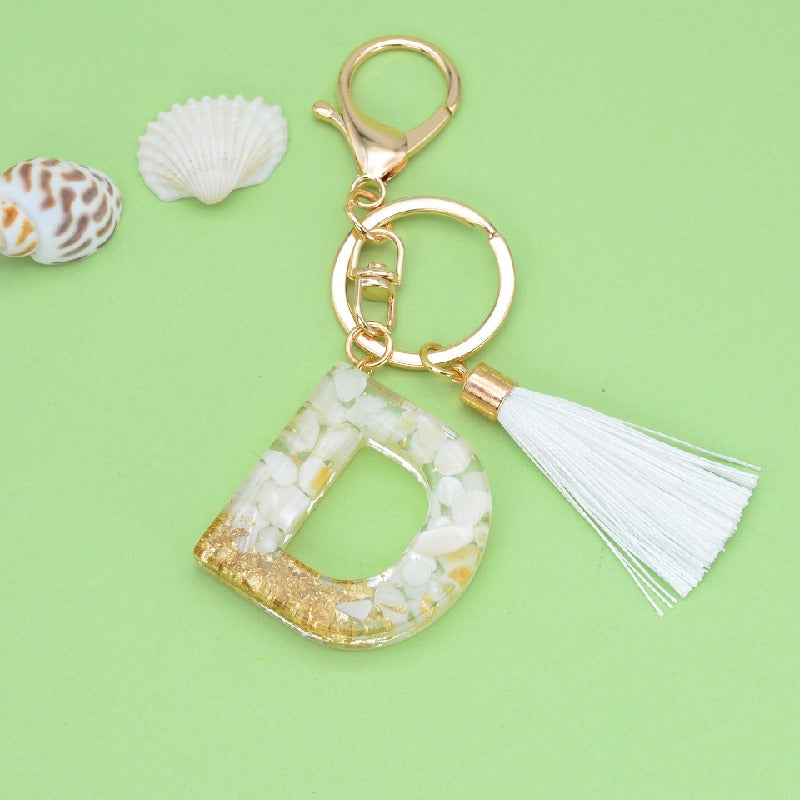Tassel Letter A Keychain Resin Gold Flakes White Tassel 7