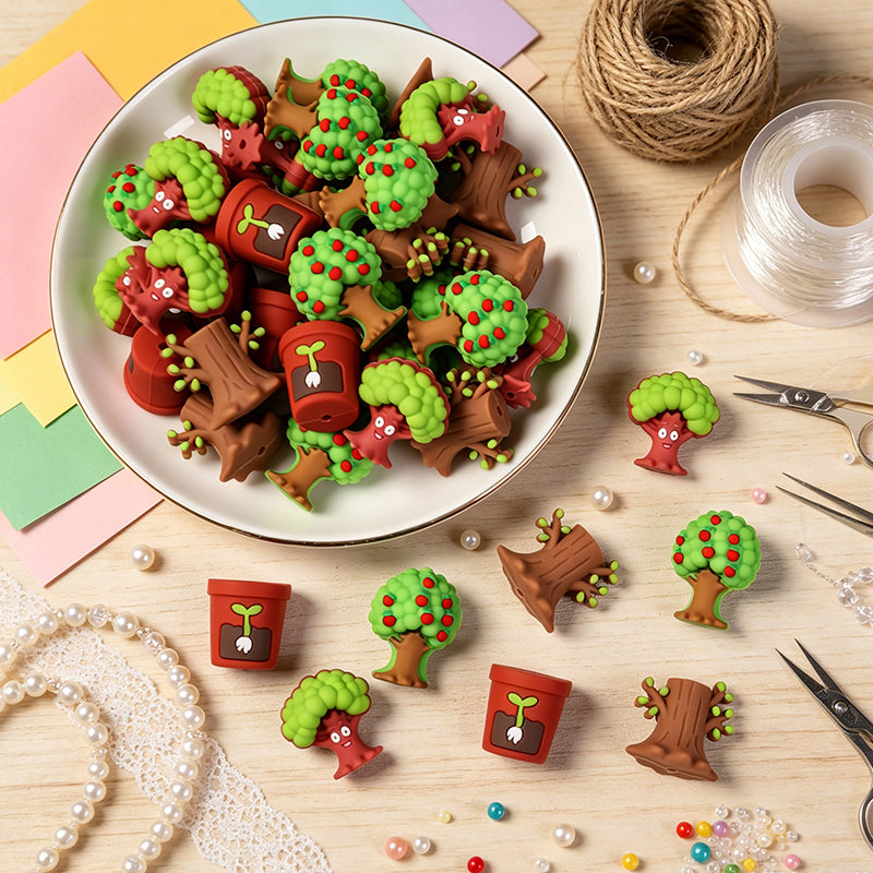 Silicone 3D Green Tree and Potted Plant Focal Beads 20pcs