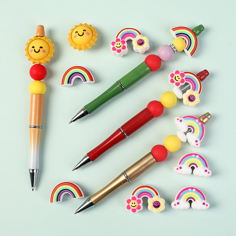Silicone 3D Focal Beads Smiling Sun Rainbow Flowers Holding Flower Charm 20Pcs 7