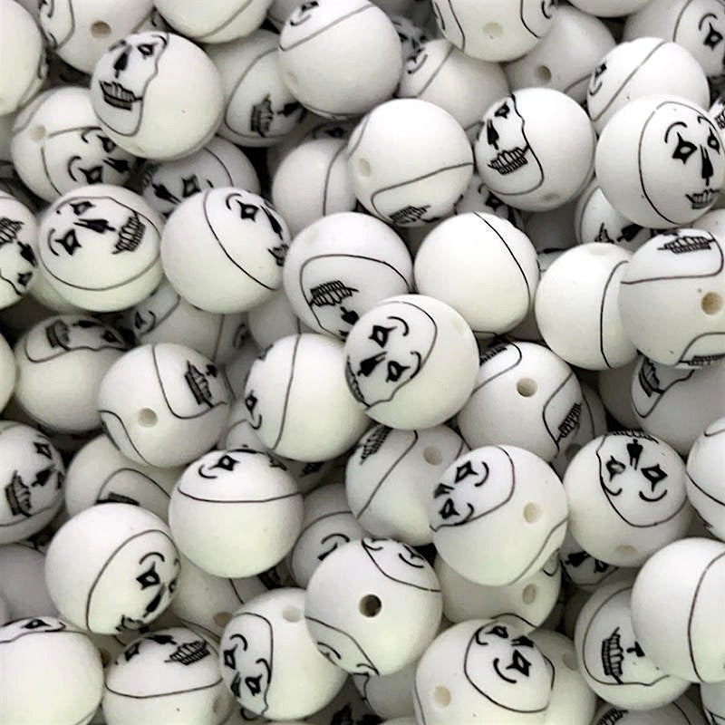15mm Silicone Beads White Clown Face Printed Design 50pcs