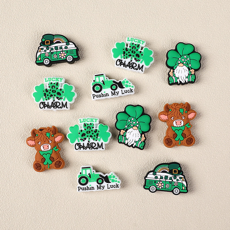 Silicone Focal Beads Saint Patrick Day Clover Lucky Charm 10pcs