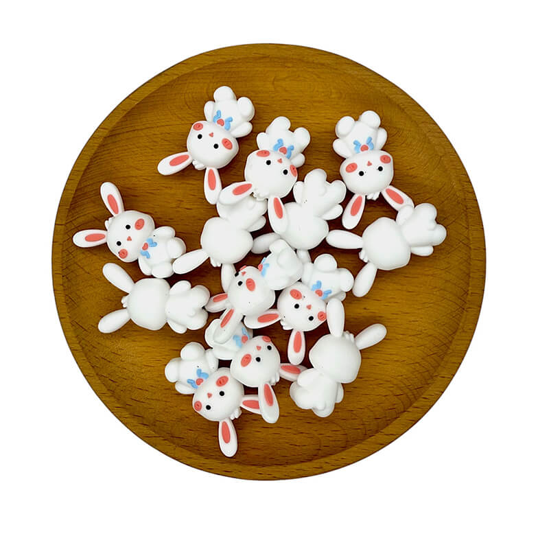 Silicone 3D Focal Beads Little Rabbit Rosy Cheeks Blue Bowtie 20pcs 2