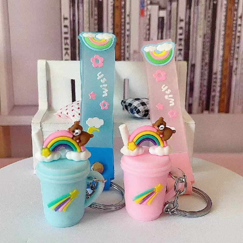 Silicone Rainbow Donut Milk Tea Bear Keychain Pastel Colors
